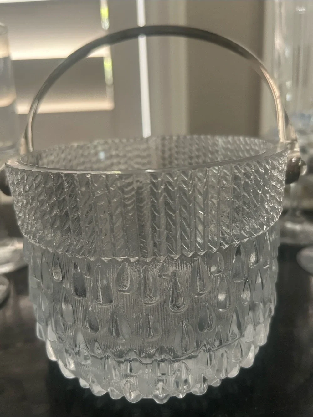 Vintage Clear Textured Glass mini Ice Bucket with Silver Handle